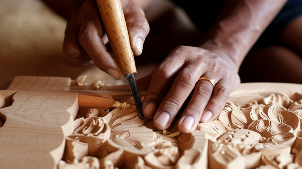 Balinese artisan carving intricate details into a wooden sculpture.