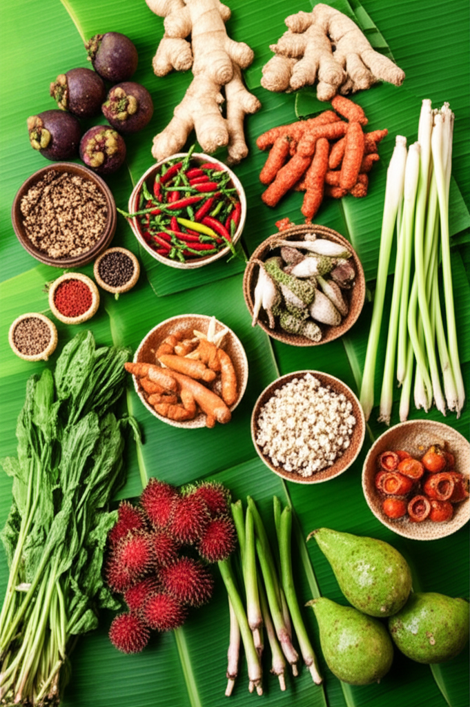 Colorful Balinese dishes and fresh ingredients at a cooking class.