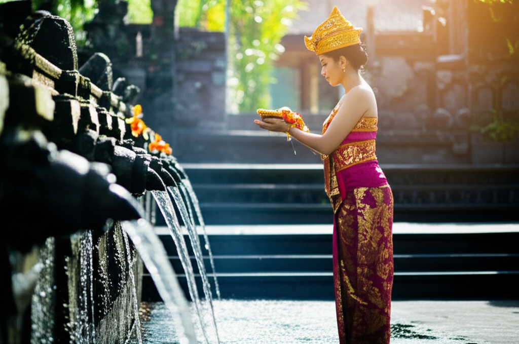 Balinese woman in traditional attire during a water purification ritual at a temple.