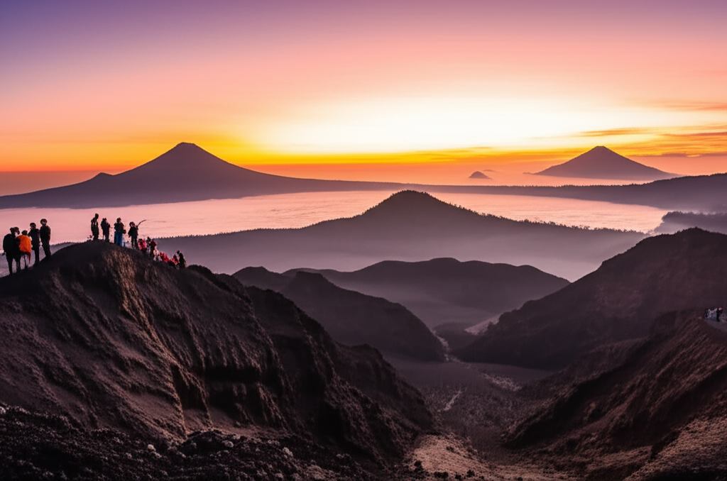 Hikers watching a vibrant sunrise from the summit of Mount Batur volcano.
